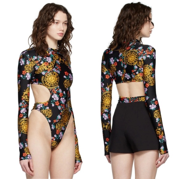 VERSACE JEANS COUTURE Sunflower Garland Black Printed Floral Longsleeve Bodysuit - Picture 1 of 12